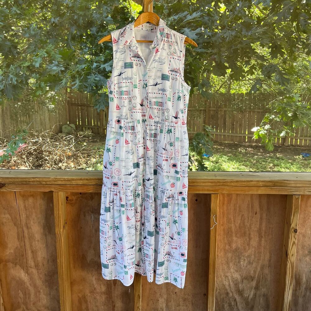 J.Crew Factory Women's White Postcard Print Sleeveless Midi Dress Size 8